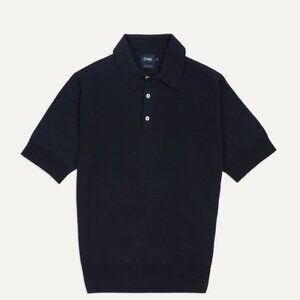 Drake's - Navy Knitted Linen-Cotton Short-Sleeve Polo Shirt - Size M